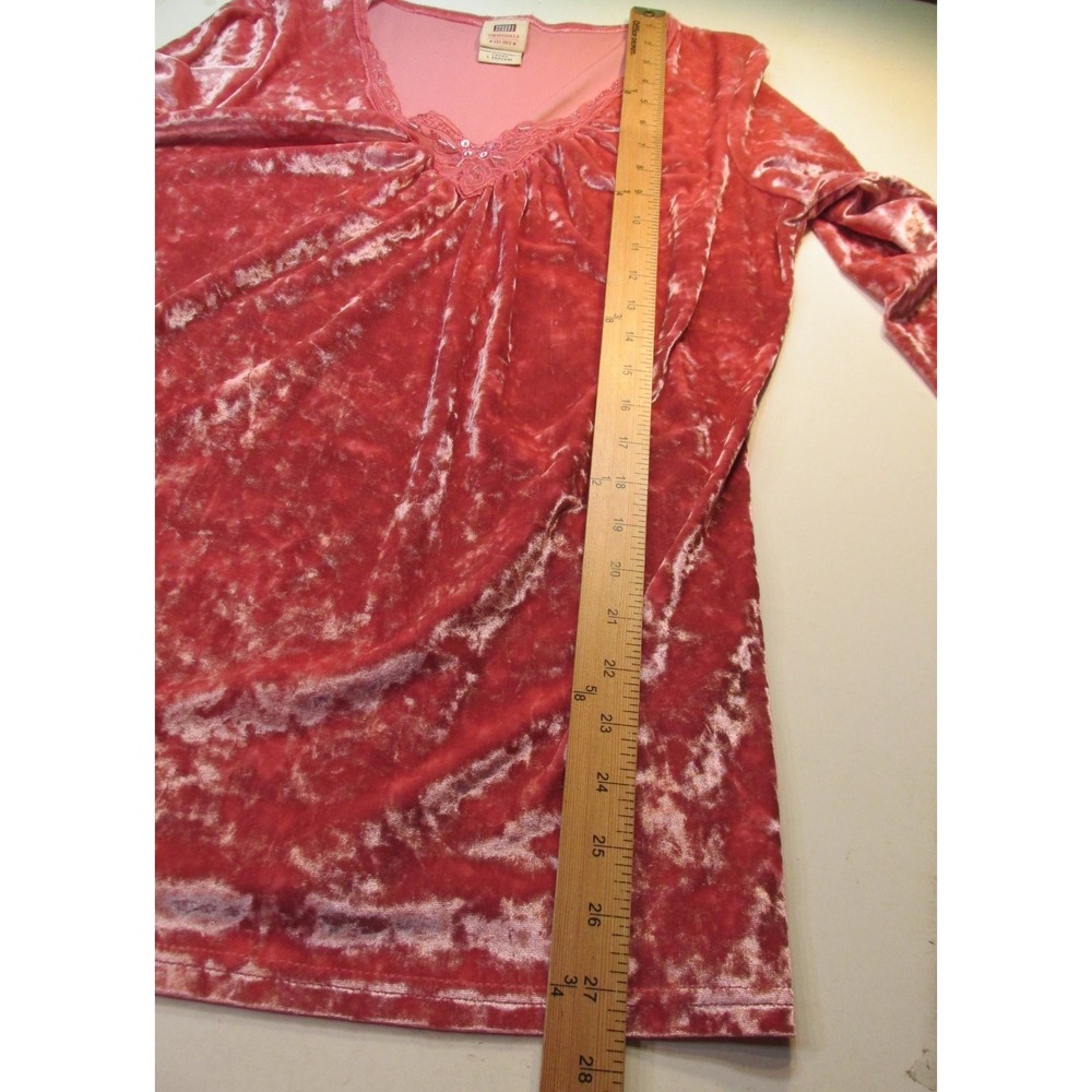 Faded Glory Pink Velvet Lace Trim Pullover Top Women L 12/14 V-Neck Y2K Retro - Picture 9 of 13